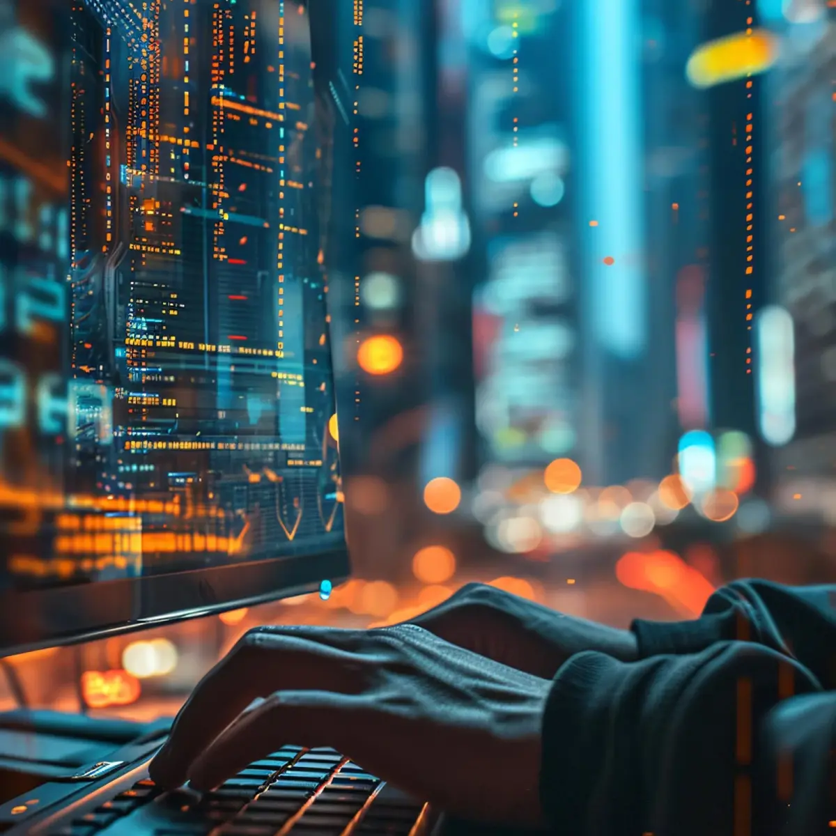 Software developer coding on multiple screens in a high-tech office setup, focusing intently on complex algorithms.